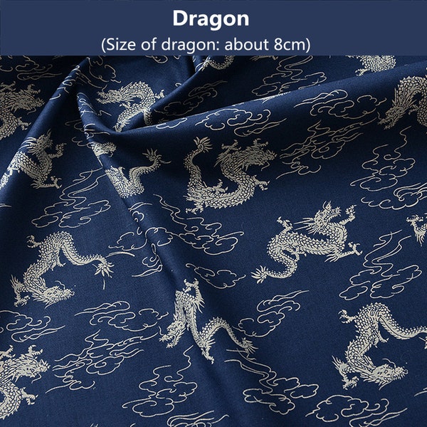 Vintage Chinese Japanese Cotton Fabric Navy Blue with Dragon Prints for Bag Purse Clothing Table Runner Home Decor DIY-Half Yard