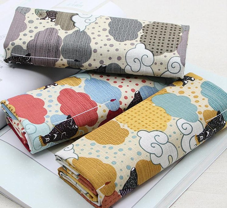 -Half Yard Vintage Chinese Japanese Cotton Linen Slub Fabric with Cute Bear and Cloud for Clothing \uff0cBag Purse \uff0cTable Runner \uff0cDIY ETC