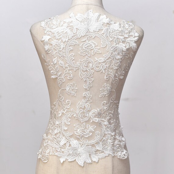 Large Piece Ivory White Embroidery Lace Tulle Patches Floral