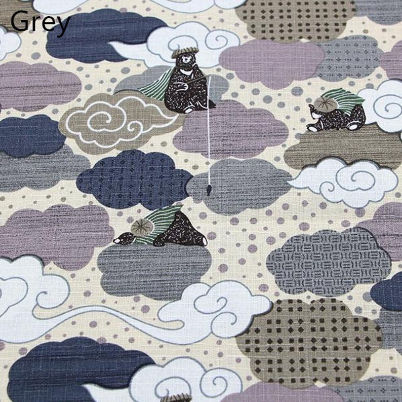-Half Yard Vintage Chinese Japanese Cotton Linen Slub Fabric with Cute Bear and Cloud for Clothing \uff0cBag Purse \uff0cTable Runner \uff0cDIY ETC