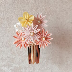 Handmade Japanese Traditional Tsumami Kanzashi Hair Clip Pin Kimono Yukata Outfit Wedding Ornament Bride pink orange flowers sakura tassel