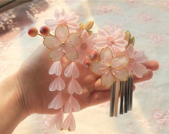 Fait à la main japonais traditionnel Tsumami Kanzashi Pince à cheveux Pin Peigne Kimono Yukata Tenue Ornement de mariage Mariée Rose Sakura Fleur Gland