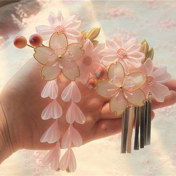 Handmade Japanese Traditional Tsumami Kanzashi Hair Clip Pin Comb Kimono Yukata Outfit Wedding Ornament Bride Pink Sakura Flower Tassel