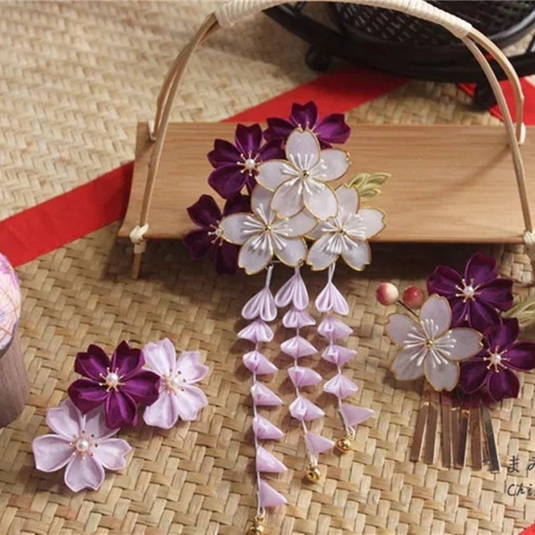 Pince à cheveux Tsumami Kanzashi traditionnelle japonaise pince à cheveux pince violet blanc Sakura pince marguerite-une pièce