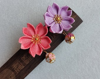 Handmade Kanzashi Kimono Outfit Ornament Flower Clip Hair Pin Clip Sakura Clip Purple Red Sakura Pearl Clip -- One Piece