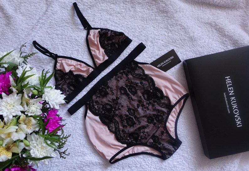 High Waisted Lingerie Set / Black Lace Lingerie Etsy
