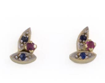 1 Paar kleine feine OHRSTECKER mit Rubin & Saphir, 14KT GelbGold, Stud Earrings