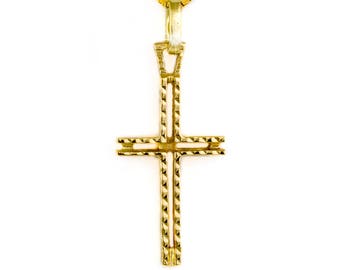 Zeitlos schöner massiver 3D KREUZ Anhänger mit Reliefmuster 14kt Gold Cross 25mm