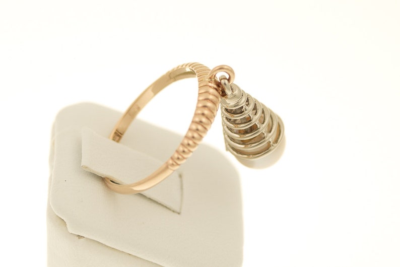 Unusual ladies RING with moving beads EARRINGS WG 14 KT gold peach color