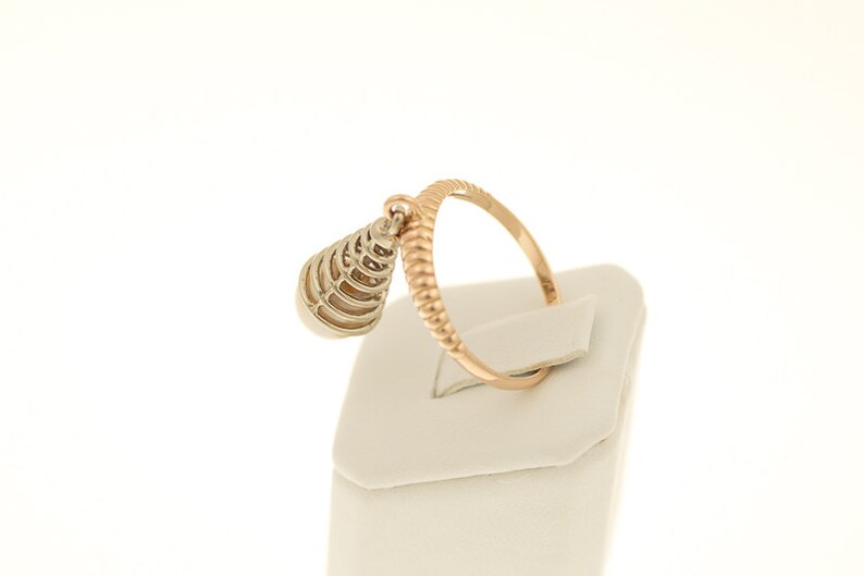 Unusual ladies RING with moving beads EARRINGS WG 14 KT gold peach color