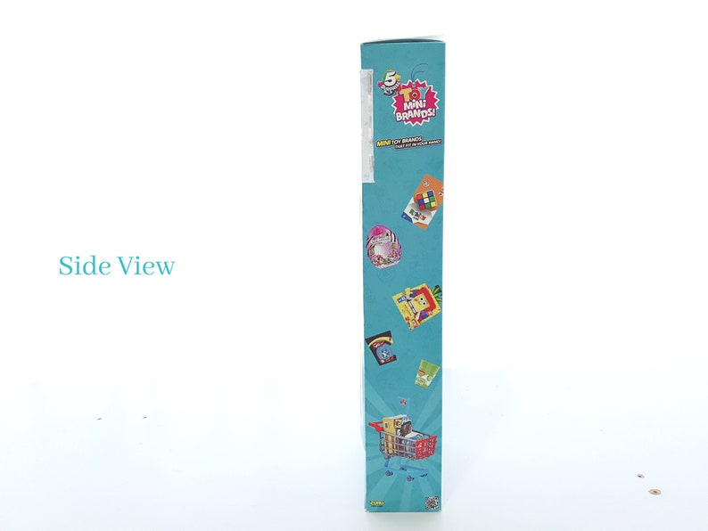 May include: A blue cardboard box with the words "5 Surprise Mini Brands!" and a picture of a shopping cart filled with miniature versions of popular brands. The box is decorated with images of various mini brands, including a Rubik's Cube, a mini cereal box, and a mini bottle of hand sanitizer.
