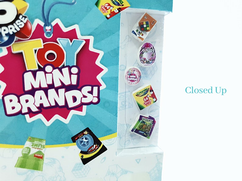 May include: A close-up of a box with the text "Toy Mini Brands!" on the front. The box is blue and pink with a starburst design. The box is open and shows a variety of miniature toy brands, including a Rubik's Cube, a donut, a Crayola box, and a Teenage Mutant Ninja Turtles toy.