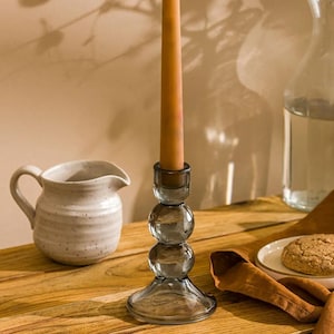 glass candle holder, modern home decor, Decorative Candlelight Accent, Tabletop Home Accent, Elegant Smoky Glass Candle Holder