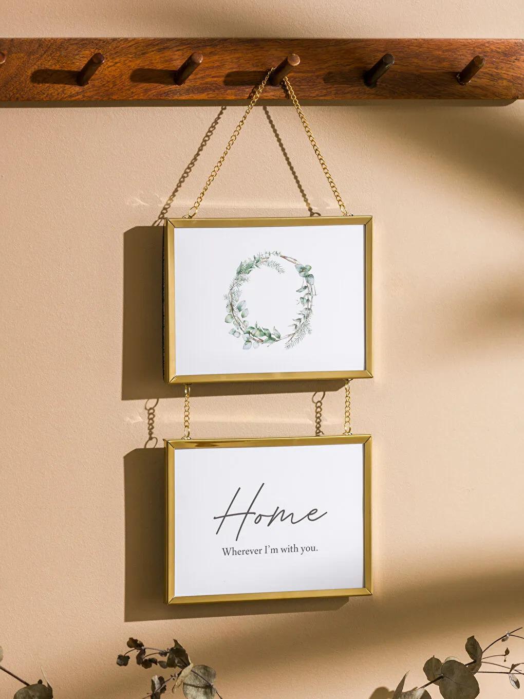 Gold Hanging Double Frame – 16" Vertical Picture Frame with Chain, Botanical & Quote Prints, Elegant Home Wall Decor