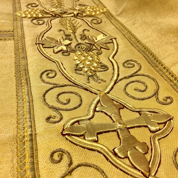 Antique 1800s church altar cloth or banner with bullion embroidery and metal grapes Ecclesiastical textile 105cm x 50cm
