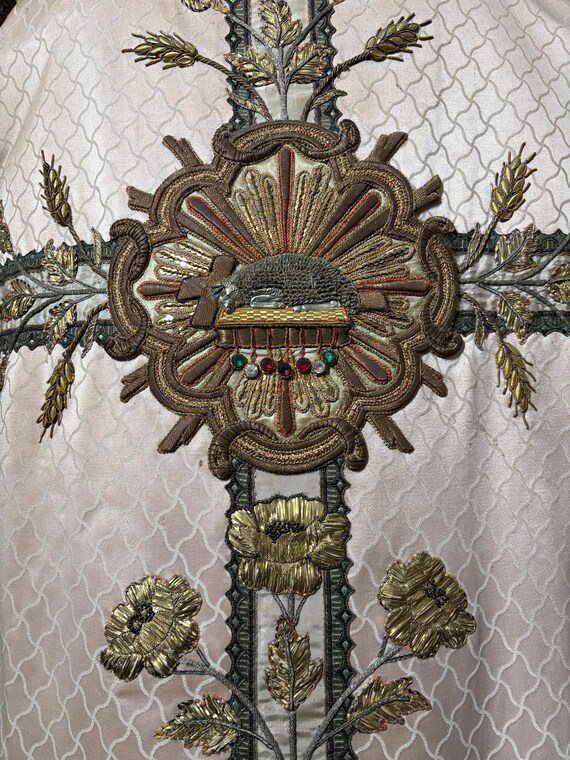 Incredible Antique 1920s embroidered Priest vestment Agnus Dei chasuble gold thread embroidery Ecclesiastical textile