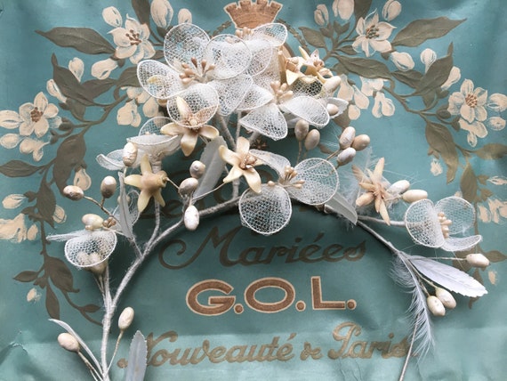 Antique French headdress wax flower headpiece bri… - image 3