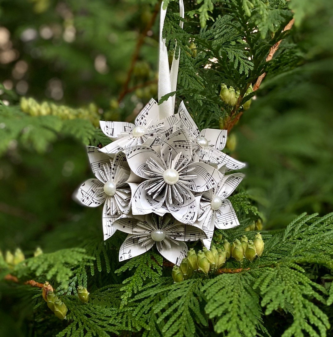 Vintage Sheet Music Paper Origami Flower Christmas Ornament With Pearl ...