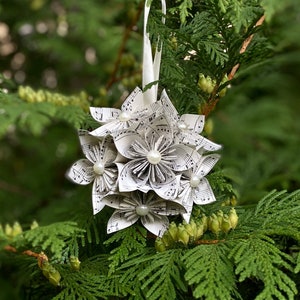 Vintage sheet music paper origami flower Christmas ornament with pearl center