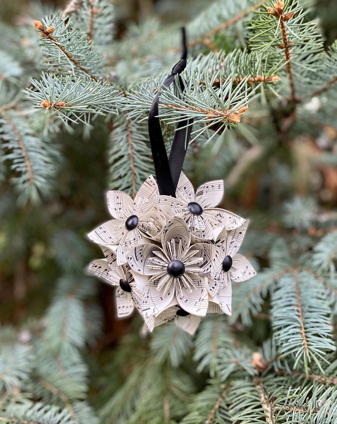 Vintage Sheet Music Paper Origami Flower Christmas Ornament With Black ...
