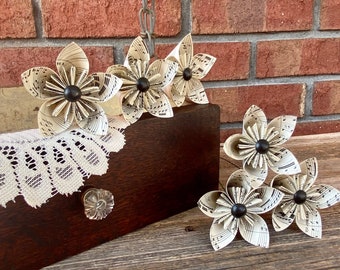 Vintage Sheet Music or Book page Origami Flowers with black centers