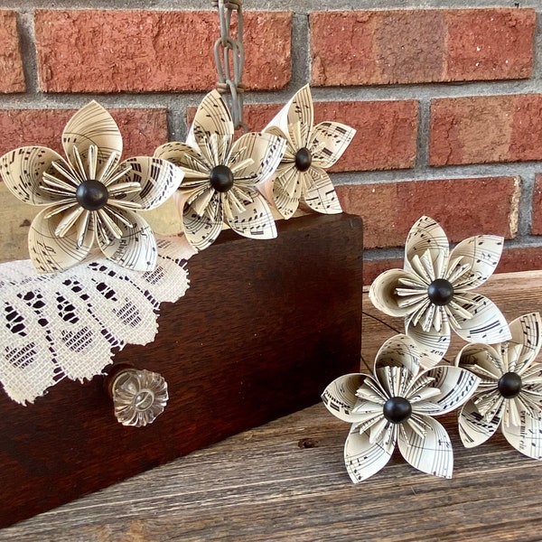 Vintage Sheet Music Origami Flowers with black centers