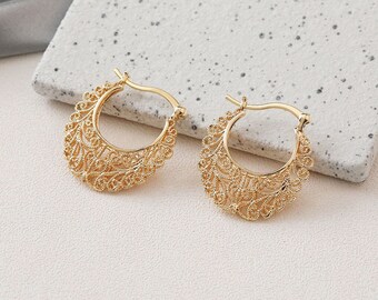 2pairs/5pairs 30X32mm 18K Gold Plated Brass Round Ear Studs Hollow Out Earring Studs GG322