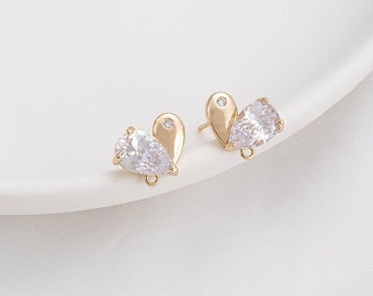 2pairs/5pairs 12x9mm  14K Gold Plated Brass Zircon Heart Ear Studs Geometry Earring YR412