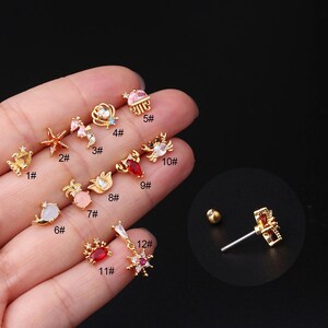 2 pz/4 pz/10 pz In Acciaio Inox Piccoli Orecchini A Vite Zircone Stelle Marine Cavalluccio Marino Granchio Balena Trago Cartilagine Ear Studs HS322