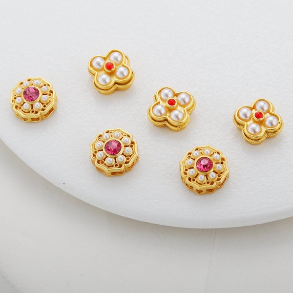 2pcs/4pcs/10pcs 18K Matted Gold Plated Brass Hollow Out Pearls Beads Clover Beads Spacer Beads Flower Beads TR1037