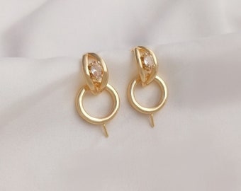 2pairs/5pairs 11.5x22mm 14K Gold Plated Brass Zircon C Ear Studs Round Earring With 925 Sterling Silver Pin YR284