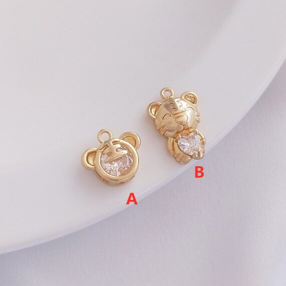 2pcs/4pcs/10pcs 14k Gold Plated Brass Zircon Tiger Charm