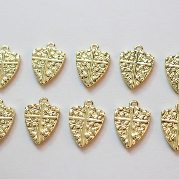 2PCS/4PCS/10PCS 13x18MM 18K Gold Plated Brass Shield Cross Charm Pendants GG1140