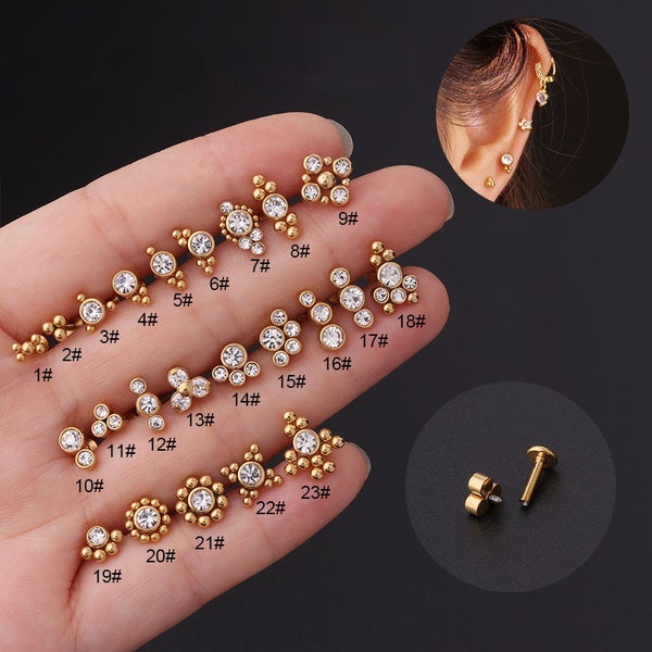 2pcs/4pcs/10pcs Stainless Steel Tiny Ear Studs Zircon Flower Cross Tree Labret Tragus Cartilage Ear Stud HS601