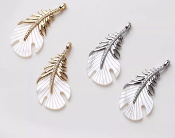 1pc/2pcs/5pcs 17.3x34.3mm 14K Gold Brass Zircon Mop Round Shell Feather Charm Pendant GG2340