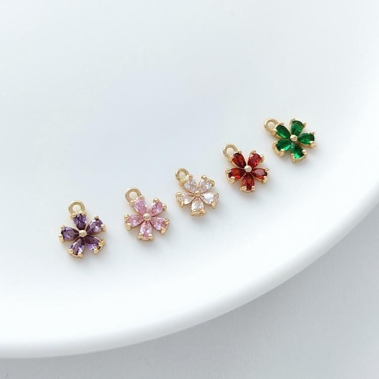 2pcs/4pcs/10pcs 14k Gold Brass Zircon Flower Charm Pendants