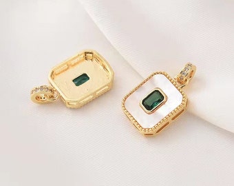 2pcs/4pcs 14X20.5mm 18K Gold Plated Brass Zircon White MOP Shell Rectangle Charm Pendants CF0603