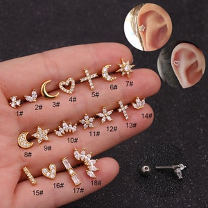 2pcs/4pcs/10pcs Stainless Steel Ear Studs Zircon Flower Cross Star Moon Heart Crown Tragus Cartilage Ear Stud HS1923