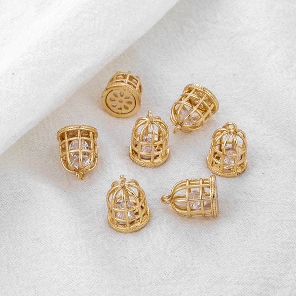 2pcs/4pcs/10pcs 9X12MM 14k Gold Plated Brass Zircon Hollow Out 3D Birdcage Charm Pendant TR735