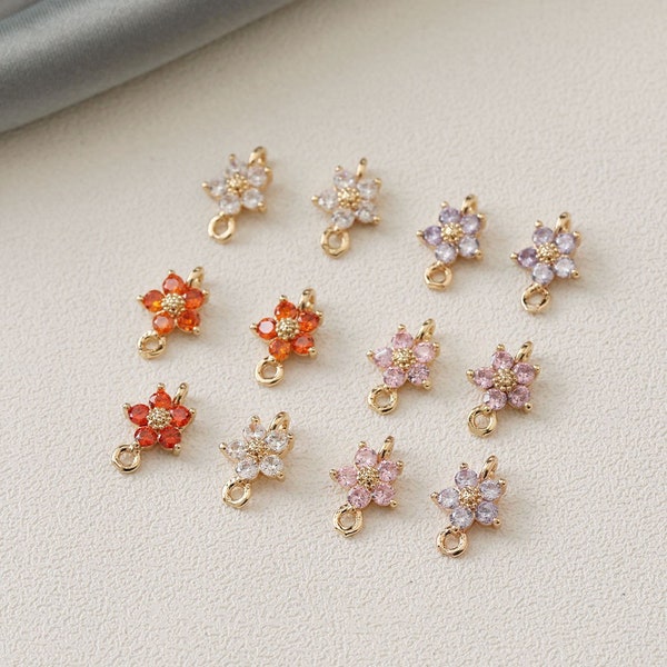 2pcs/4pcs/10pcs 14k Gold Plated Brass CZ Pave Zircon Flower Charm Pendants  Connector GG569