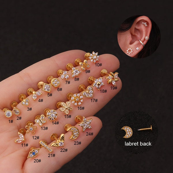 2pcs/4pcs/10pcs Stainless Steel Tiny Ear Studs Zircon Flower Heart Butterfly Moon Labret Tragus Cartilage Ear Stud HS217