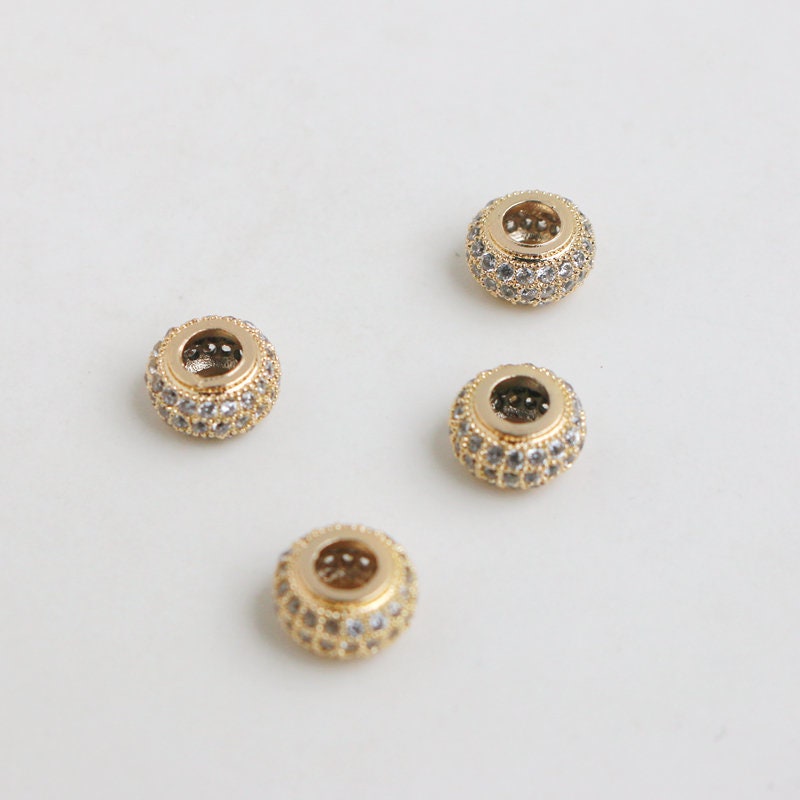 3 row Diamond 18k Solid Gold Large Hole Beads / Jewelry Making