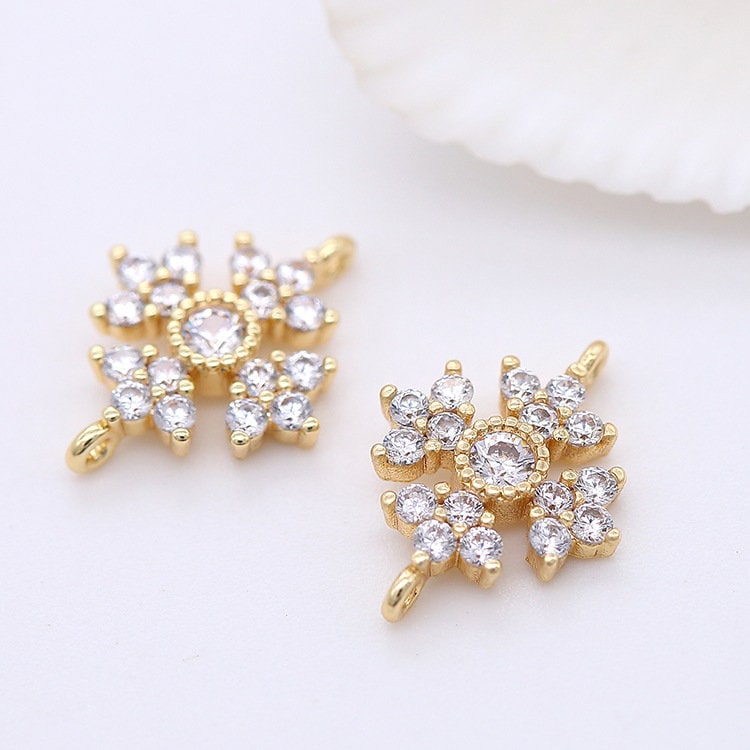 10pcs 15x12mm 14k Gold Plated Brass Zircon Snowflake Charm