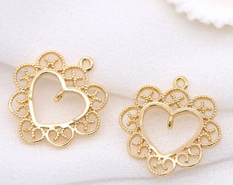 10pcs 14k Gold Plated Brass Hollow Out Heart Geometry Charm Pendant Connector ZX3392