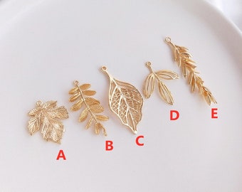 10pcs 14k Gold Plated Brass Branch Leaf Charm Pendants YG346