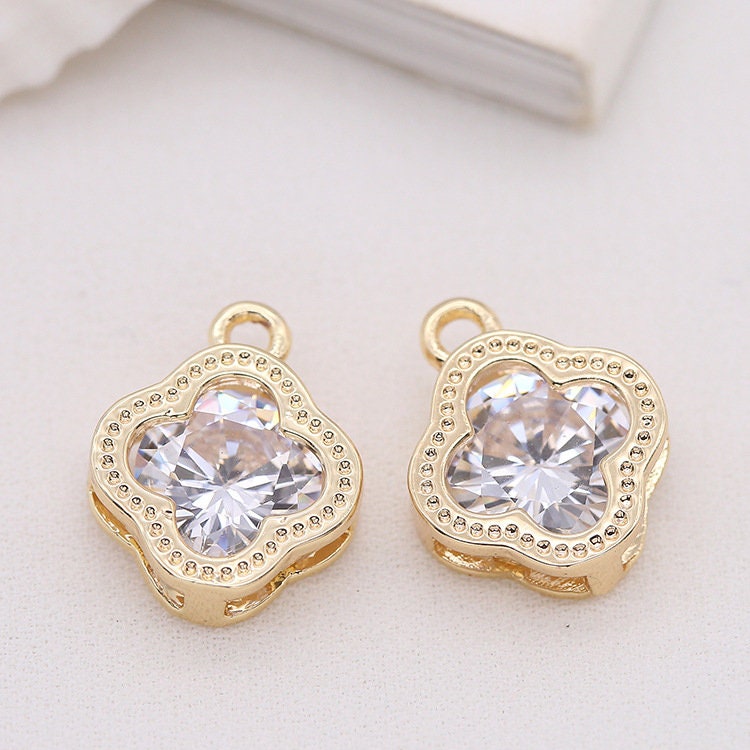 殿堂 10pcs Charm Clover Zircon Brass Plated Gold 14k 14x11.5mm パンツ