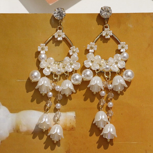 2pcs/4pcs/10pcs Crystal Beads ABS Pearl Flower Tassels Ear Studs Earring SHM2-1