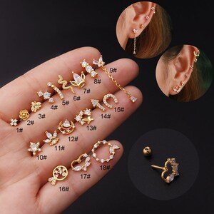 2pcs/4pcs/10pcs Stainless Steel Tiny Ear Studs Zircon Bowknot Bee Snake Crown Arrow Tragus Cartilage Ear Stud HS354