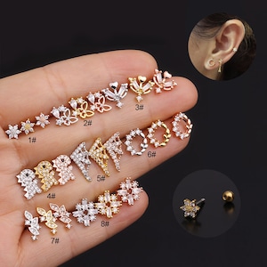 2pcs/4pcs/10pcs Stainless Steel Tiny Ear Studs Zircon Flower Branch Butterfly Dinosaur Tragus Cartilage Ear Stud HS278