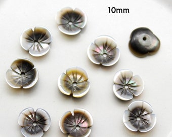 20pcs 10mm,12mm Natural Black MOP Flower Beads Mother of Pearl Carved Flower Beads B020101-1